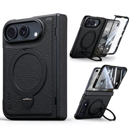 ZEERA FoldGrain Pro iPhone Duo ケース｜シボ加工レザー・MagSafe対応・ヒンジ保護・強化ガラス一体型・縦横スタンド