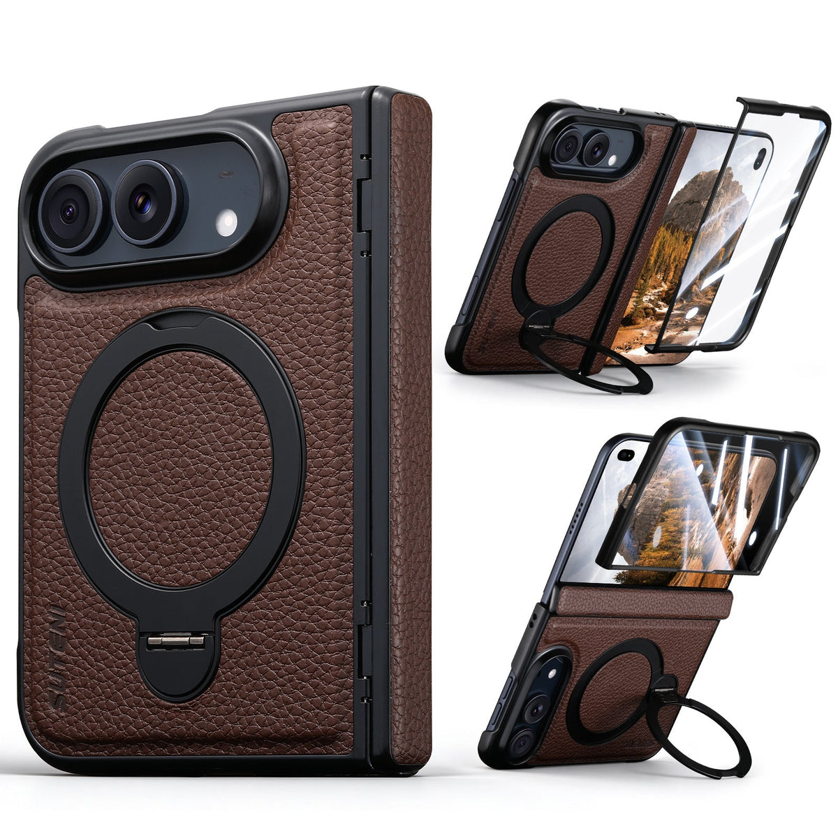 ZEERA FoldGrain Pro iPhone Duo ケース｜シボ加工レザー・MagSafe対応・ヒンジ保護・強化ガラス一体型・縦横スタンド