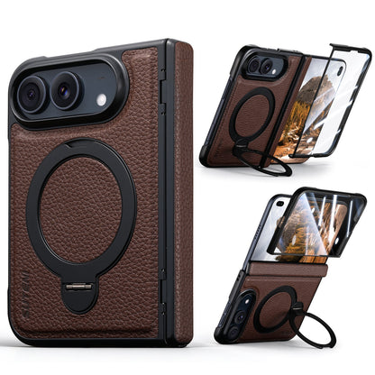 ZEERA FoldGrain Pro iPhone Duo ケース｜シボ加工レザー・MagSafe対応・ヒンジ保護・強化ガラス一体型・縦横スタンド