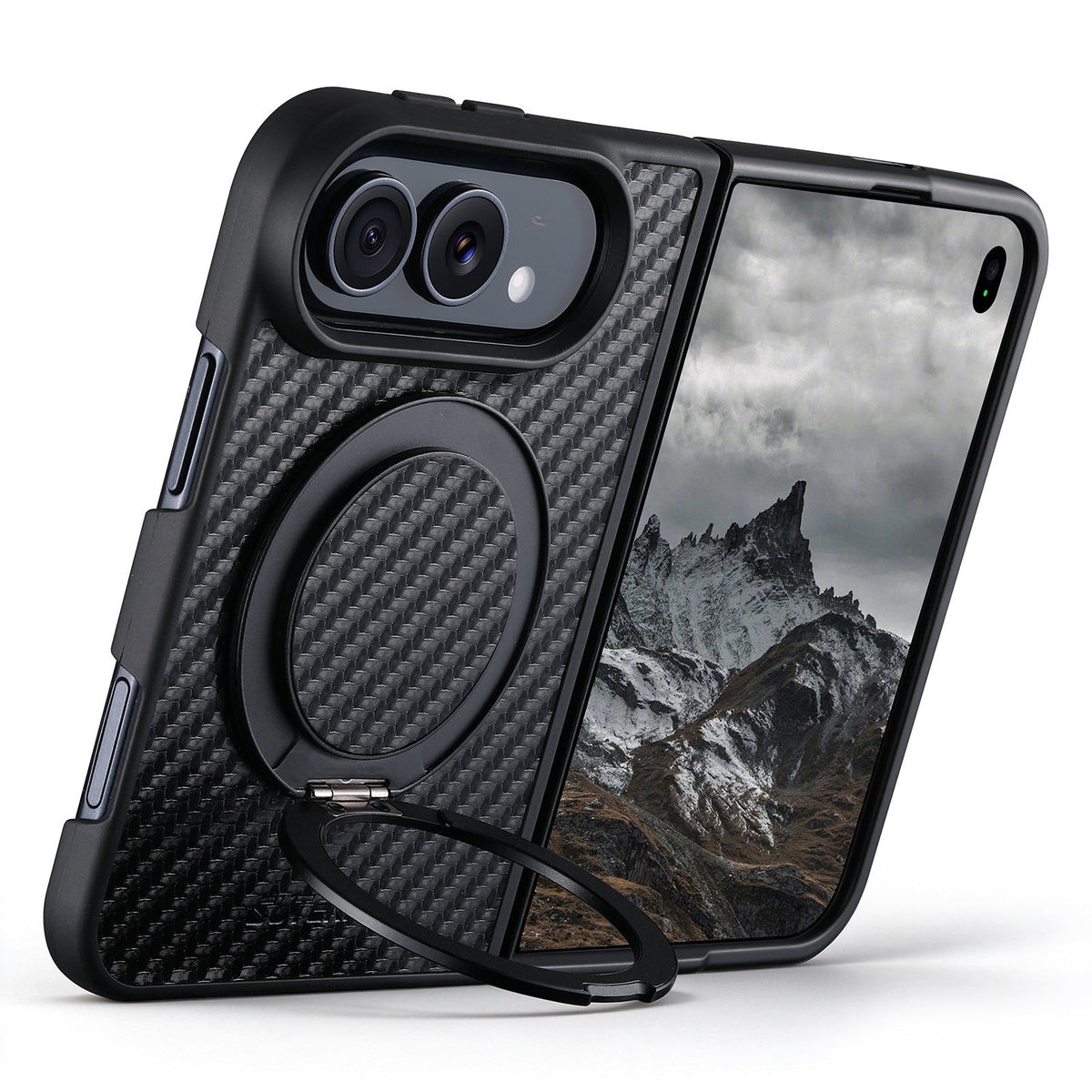 ZEERA FoldMatrix Pro iPhone Duo用ケース｜Bold Weaveカーボン調PC・MagSafe対応・360°回転スタンド付き