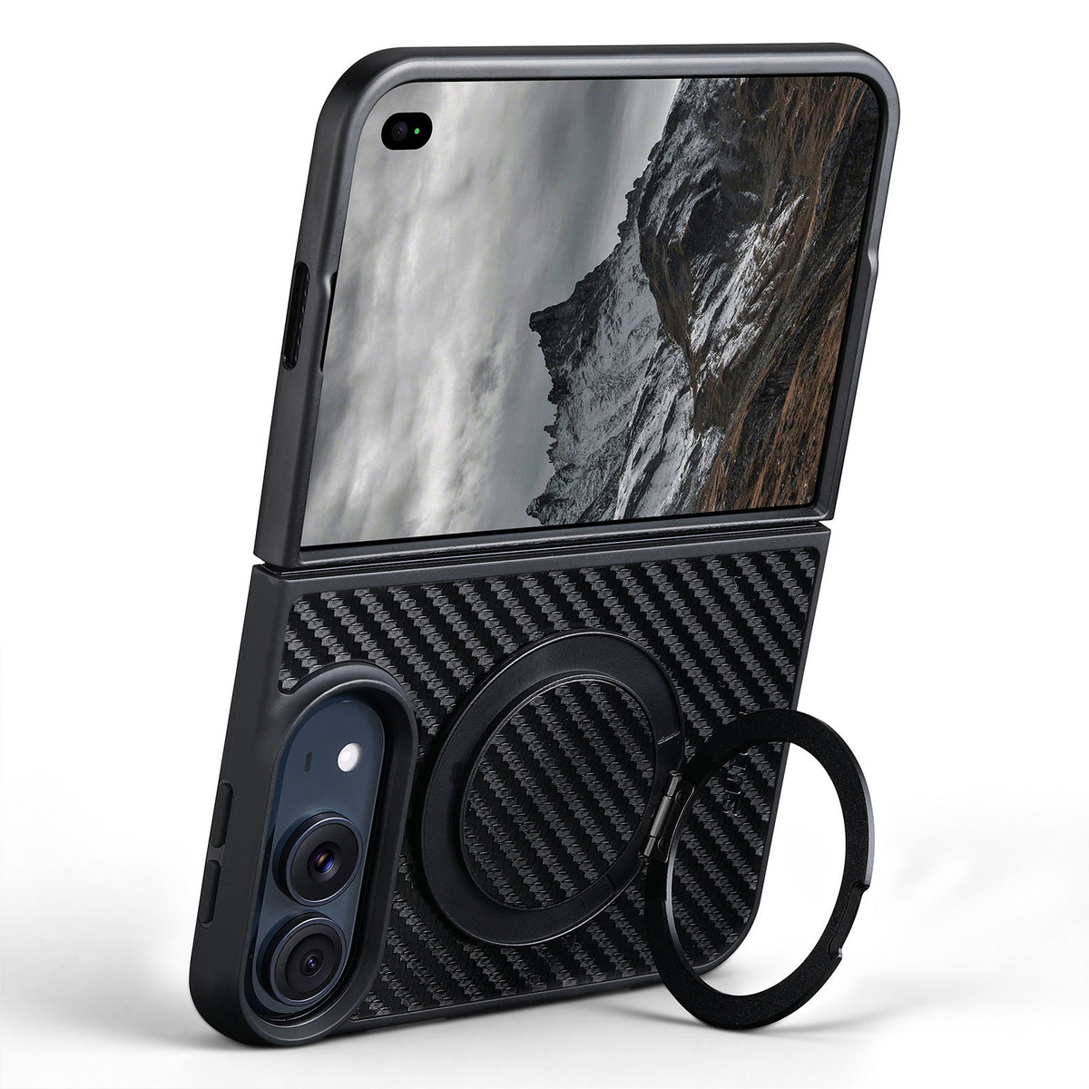 ZEERA FoldMatrix Pro iPhone Duo用ケース｜Bold Weaveカーボン調PC・MagSafe対応・360°回転スタンド付き